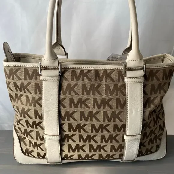 Michael Kors Brookville East West Tote Carry All Bag Tan Jacquard Canvas VTG Y2K